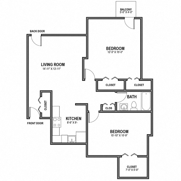 Floor plan for 2 beds, 1 bath, 800 sqft